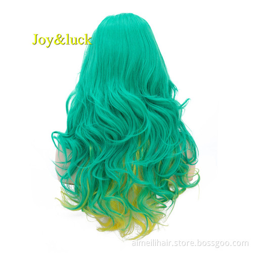 Long Natural Wavy Synthetic Wigs for Women Green Mixed Yellow Color Body Wave Cosplay Wigs Costume Hair Style